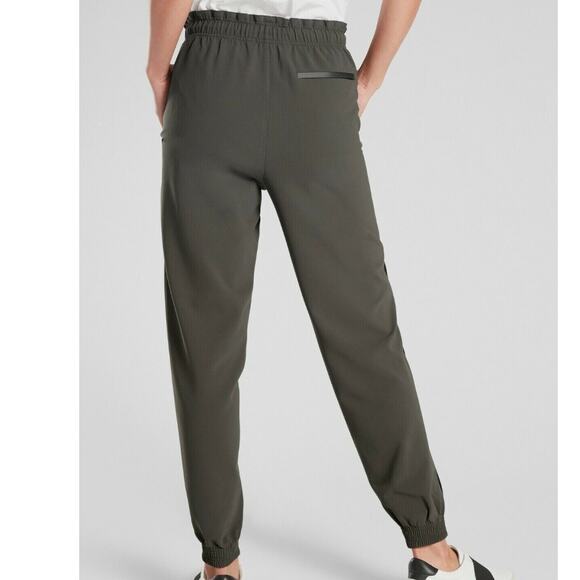ATHLETA Metropolis Jogger Pants Primatwill Olive Satin Piping Pockets NWOT sz 14 - Picture 2 of 11